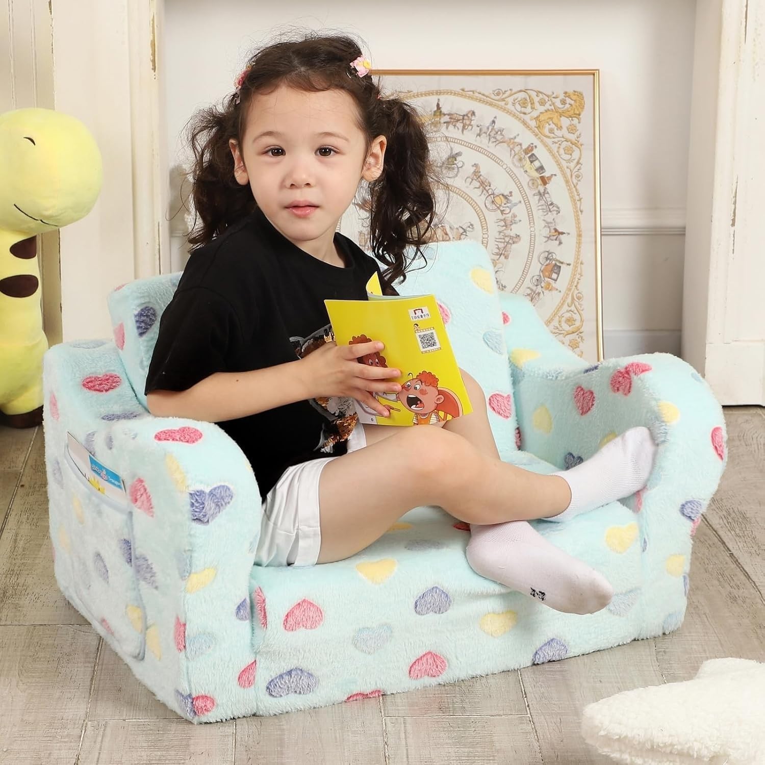 Toddler Couch, 2-in-1 Kids Soft Couch Fold Out with Star Pillow, Foldable Sof...