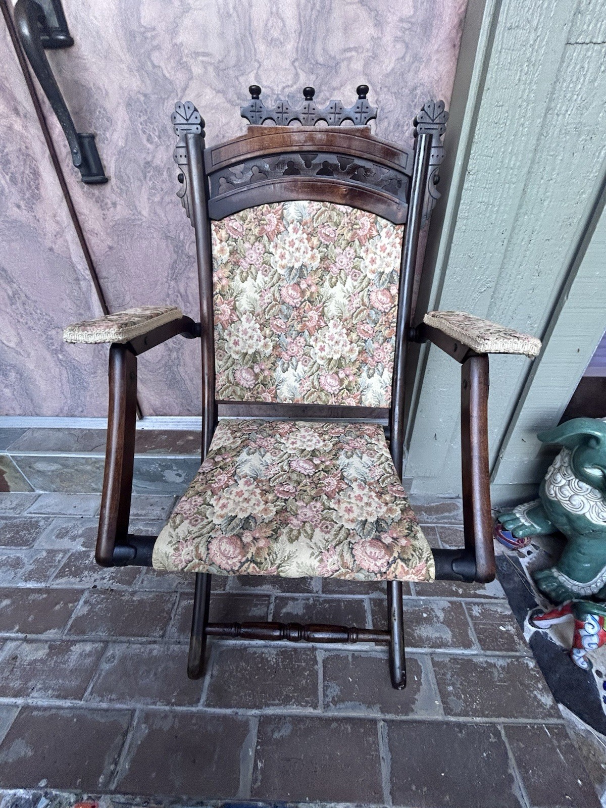 Eastlake Style Folding Campaign Tapestry Chair Antique 19th C Victorian