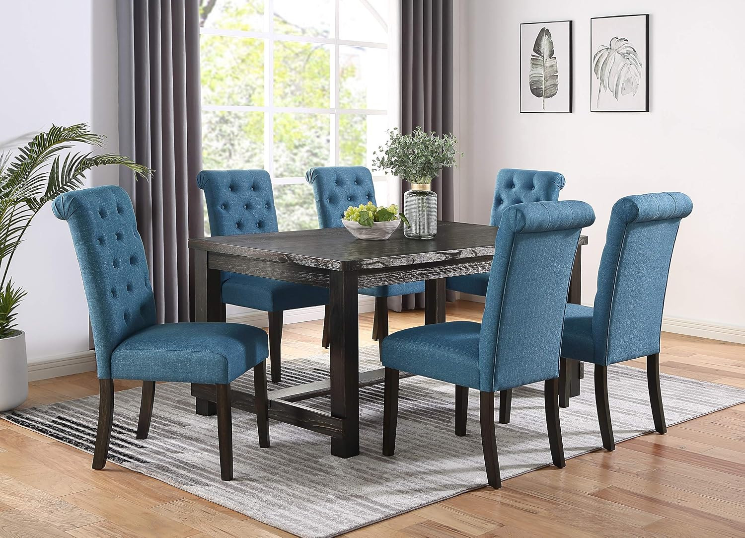 Leviton Wood Dining Set, Table with 6 Chairs, Blue