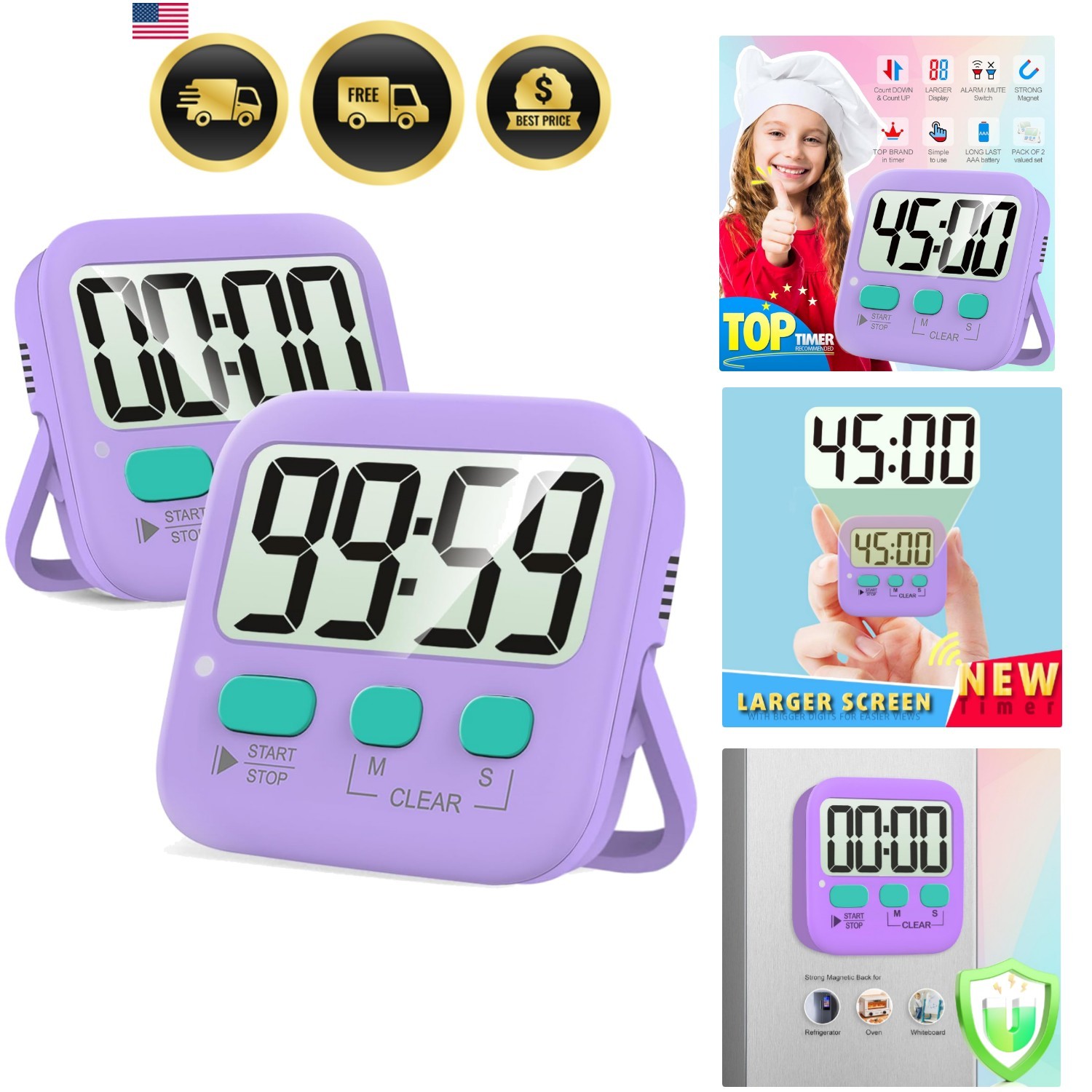 Digital Timer for Kids Kitchen Classroom Study Exercise Two Pack Purple