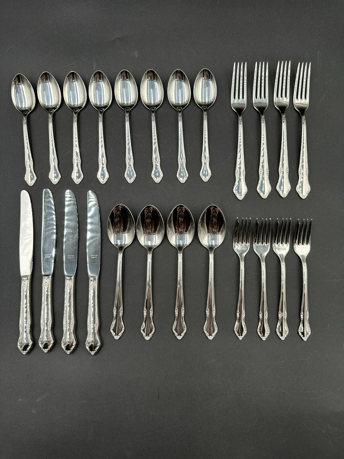 Sterless Germany Marie Antoinette Stainless Flatware Set Spoon Fork Knife 24 pcs