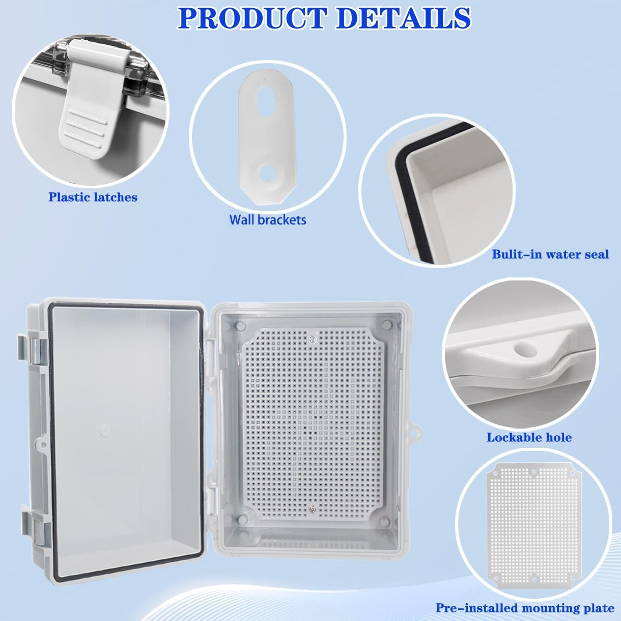 IP67 Waterproof Electrical Junction Box, ABS, Wall Bracket 2Cable Glands, Grey