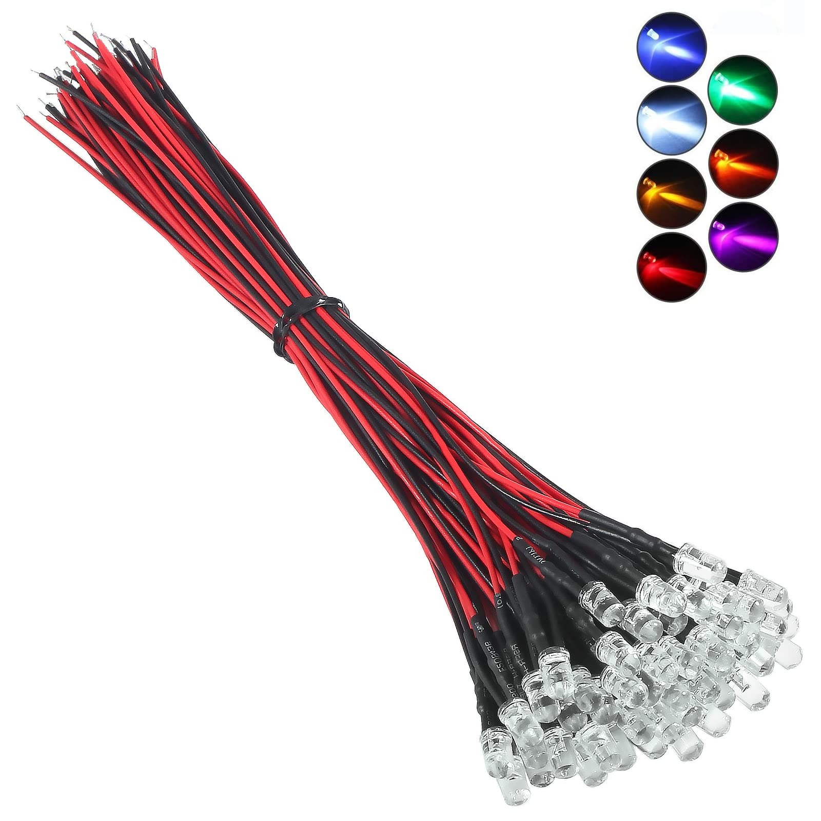 50pcs 12 Volt 5mm Red LED Lights Emitting Diodes Pre Wired 7.9 inch DC 12v LED