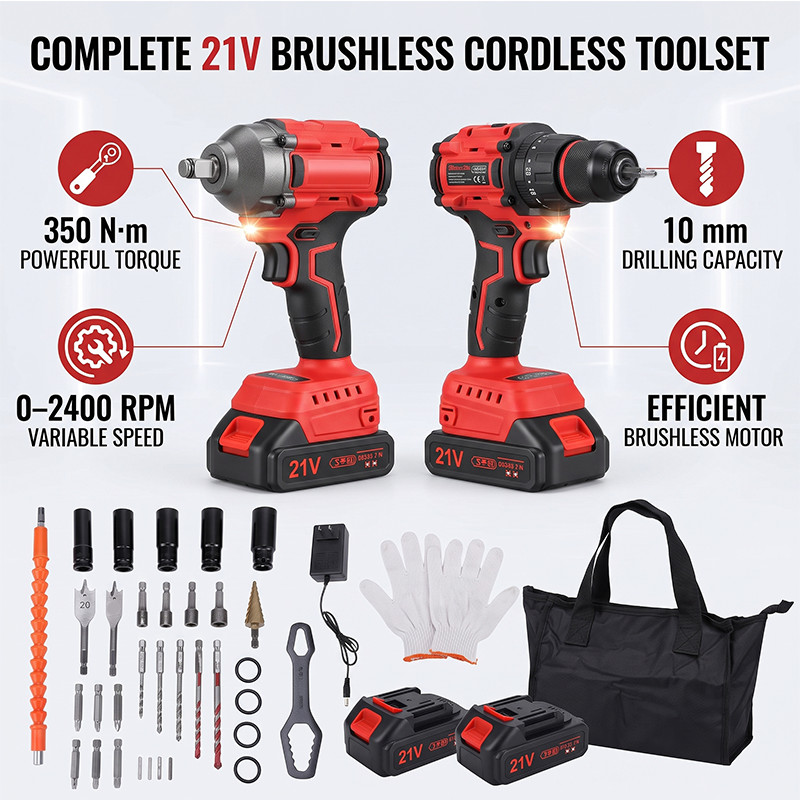 Cordless Impact Wrench and Impact Drill Set Variable Speed Trigger LED Light