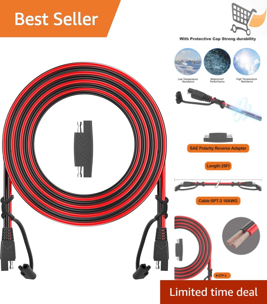 12Ft SAE Extension Cable 16AWG Quick Disconnect for Automotive Solar Panel