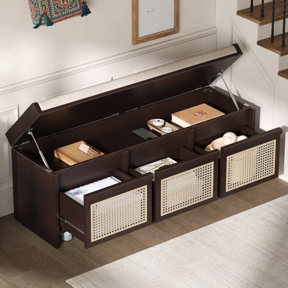 Entryway Shoe Bench, Retro Storage Bench with Rattan Drawers & Removable Button