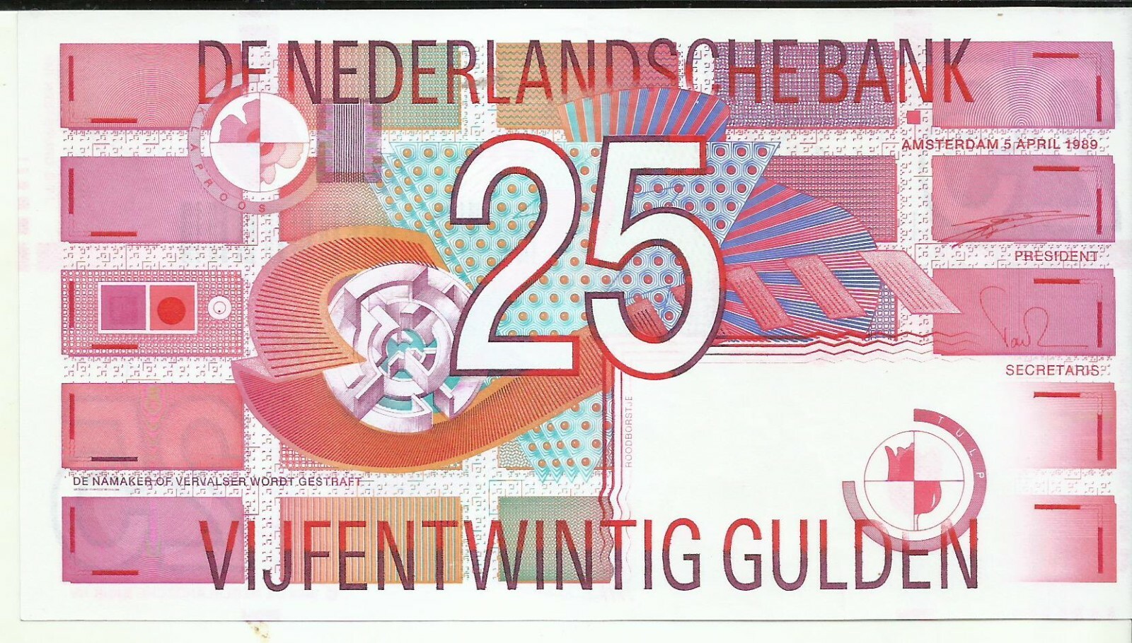 NETHERLANDS 25 GULDEN 1989 P 100.  XF-aUNC CONDITION. 9RW 30DES