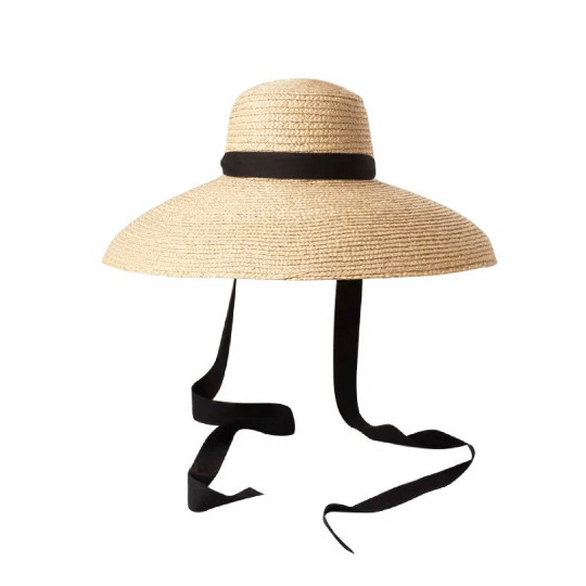 Womens Sun Straw Hat Wide Dome Brim Summer Hat with Black Ribbon Ties