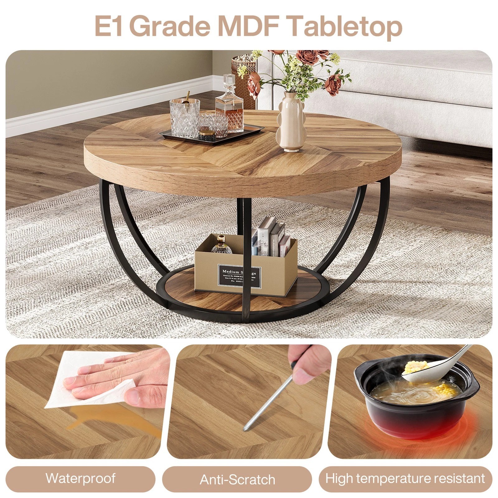Round Wooden Coffee Table With Storage Rack Double Layer Design For Living Room