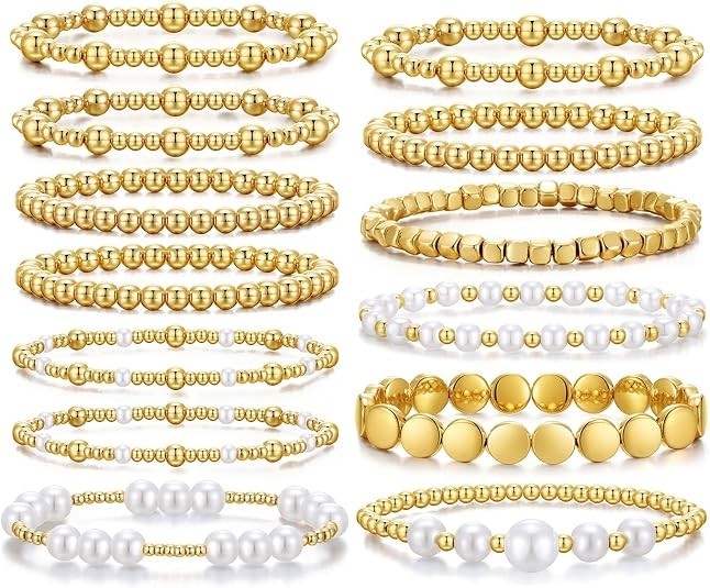 Gold Pearl Beaded Bracelets for Women,Gold Pearl Stackable Stretch Bead