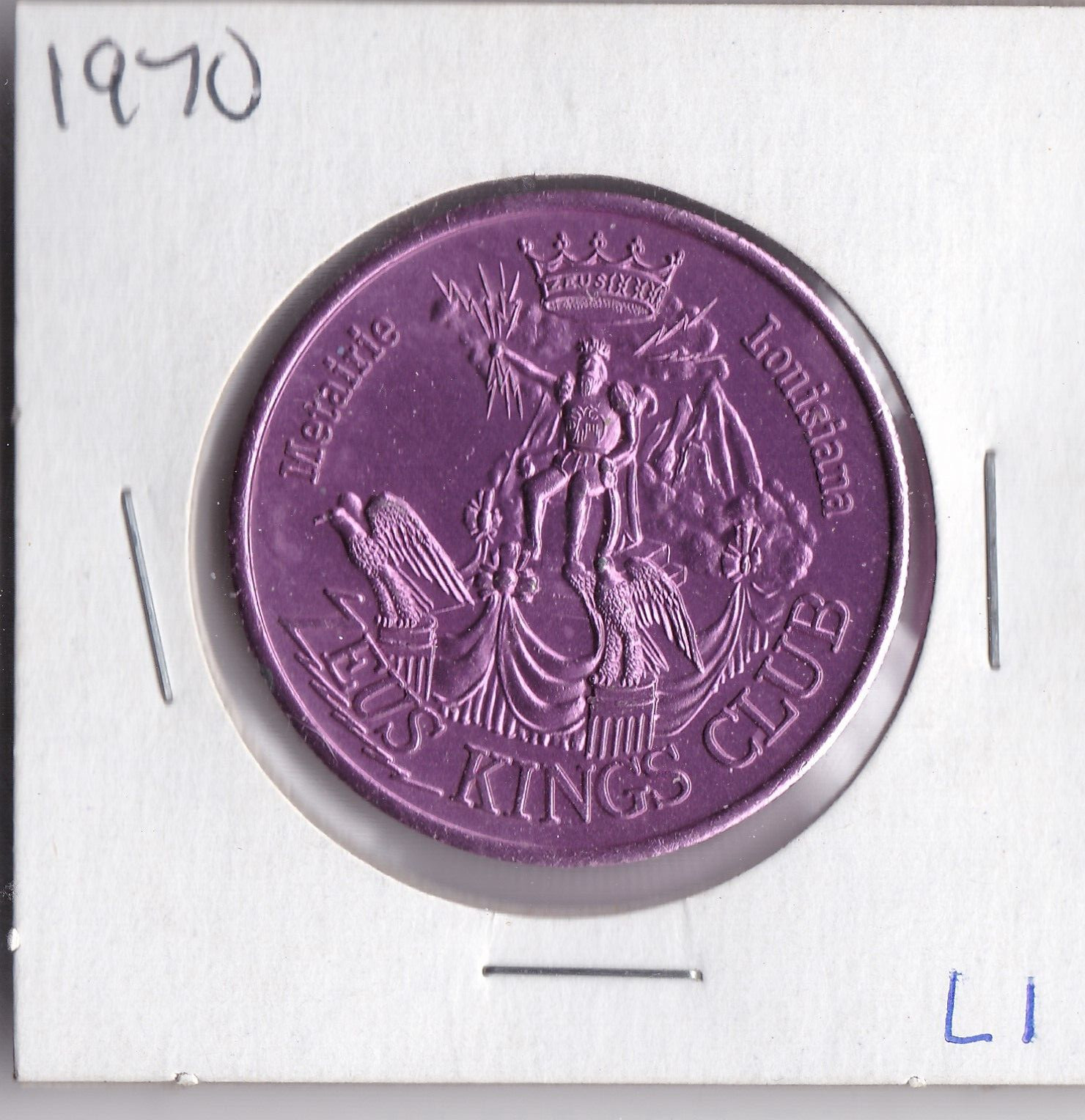 1970 Mardi Gras ALUM DOUBLOON  ZEUS KINGS CLUB  Metairie, Louisiana (Purple L1)