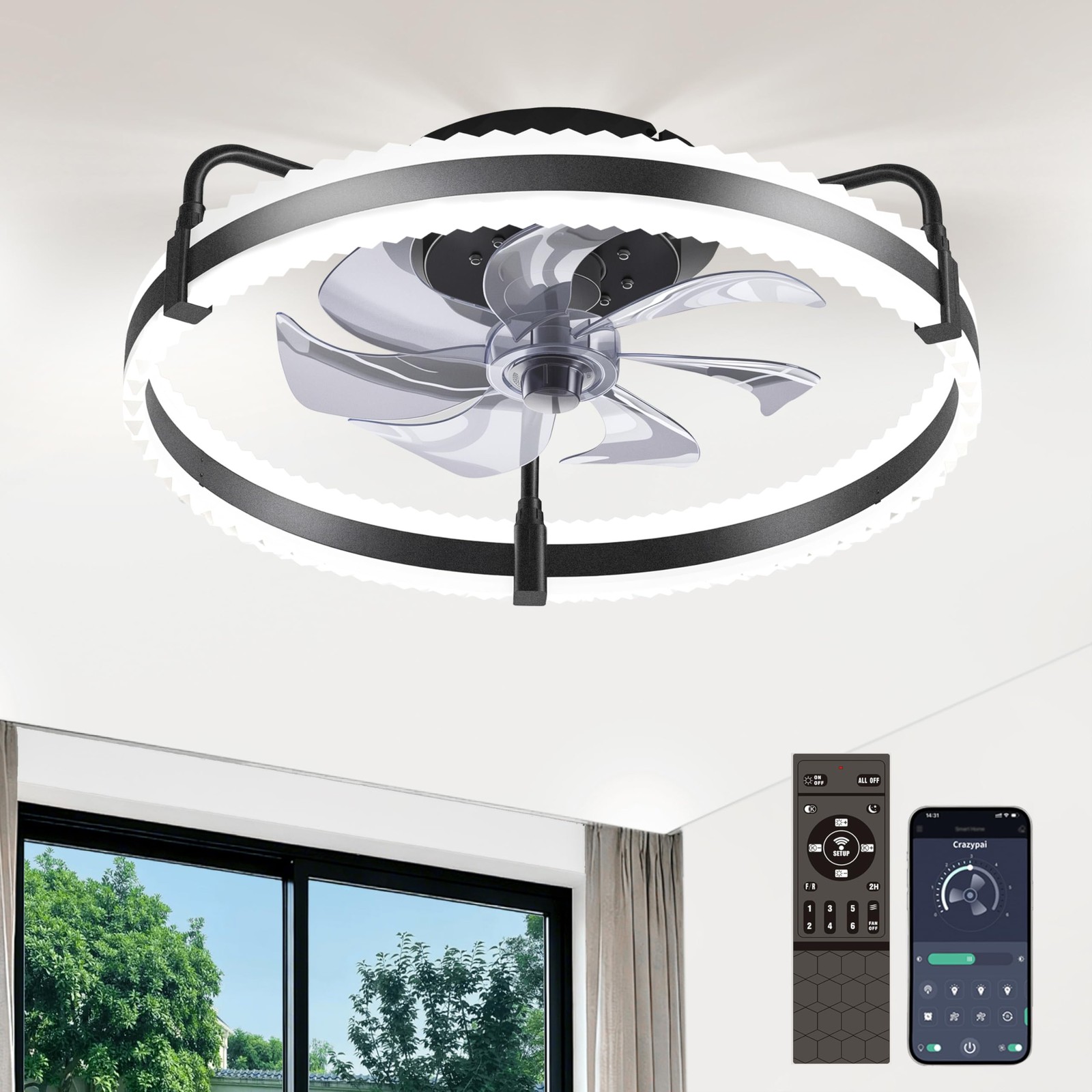 20 Inch Low Profile LED Ceiling Fan Dimmable 6 Speed Reversible Motor For Home