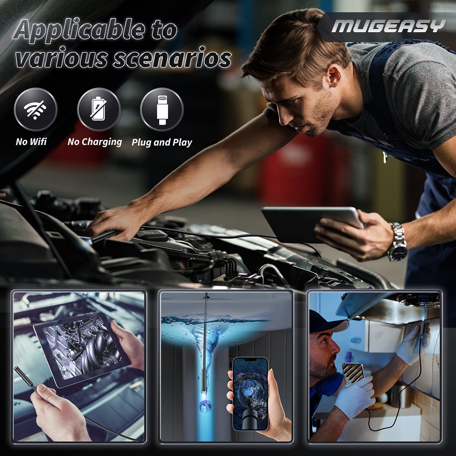 1920P HD Endoscope Camera with Light 16.4FT Waterproof Borescope