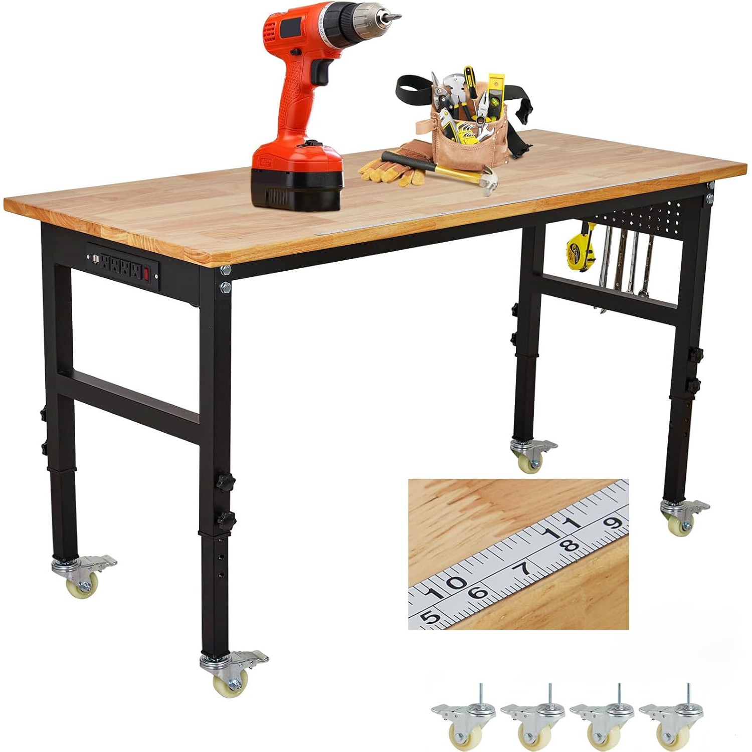 Adjustable Garage Workbench, 60x24 Rubber Wood Top Heavy-Duty with Power Outlets