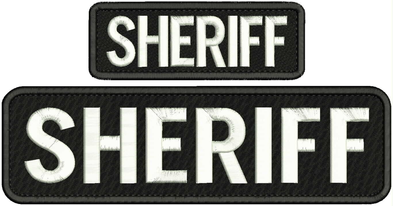 SHERIFF embroidery patches. 3x10 and 2x5 hook on back WHITE ON BLACK