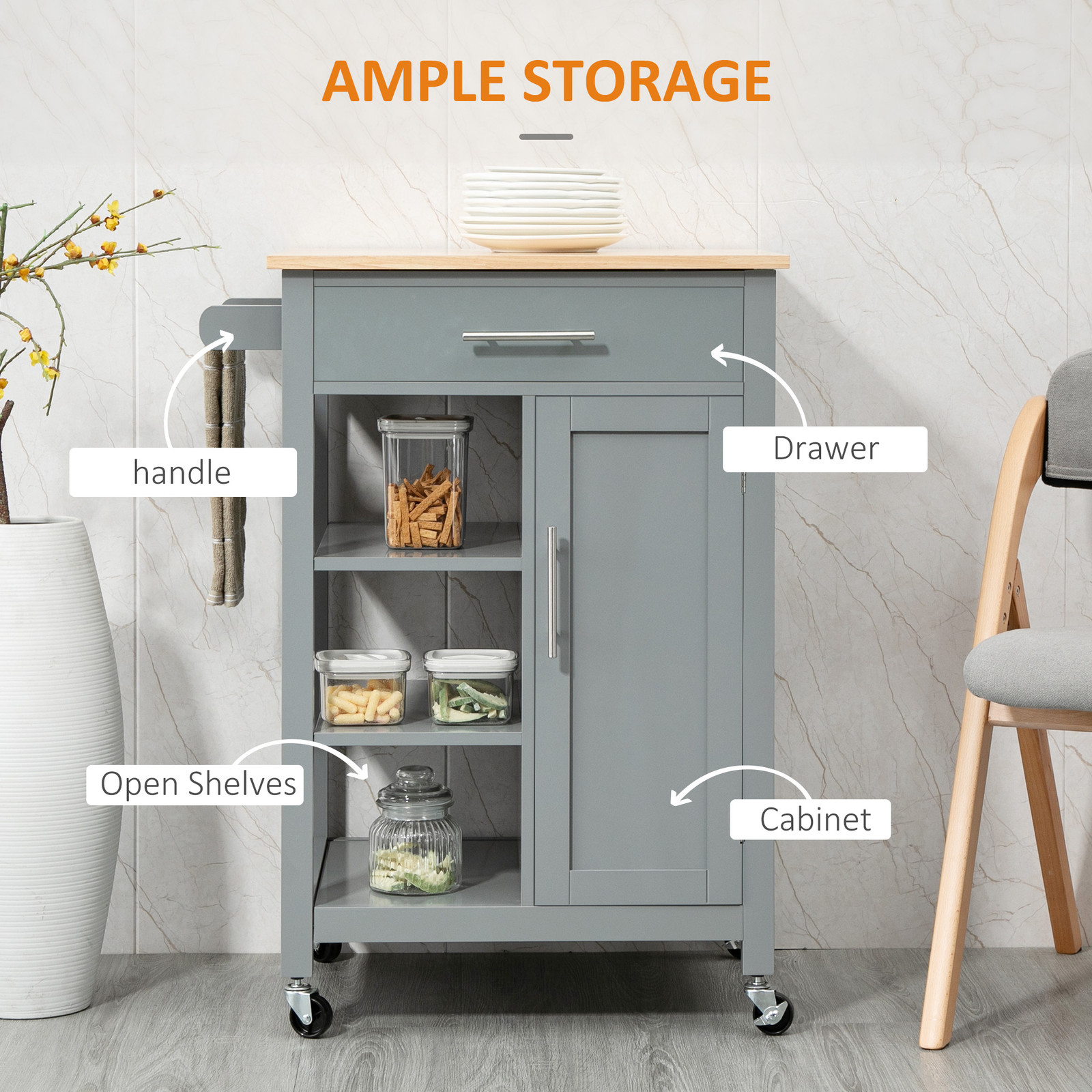 HOMCOM Kitchen Storage Island Utility Rolling Cart, Grey, Used
