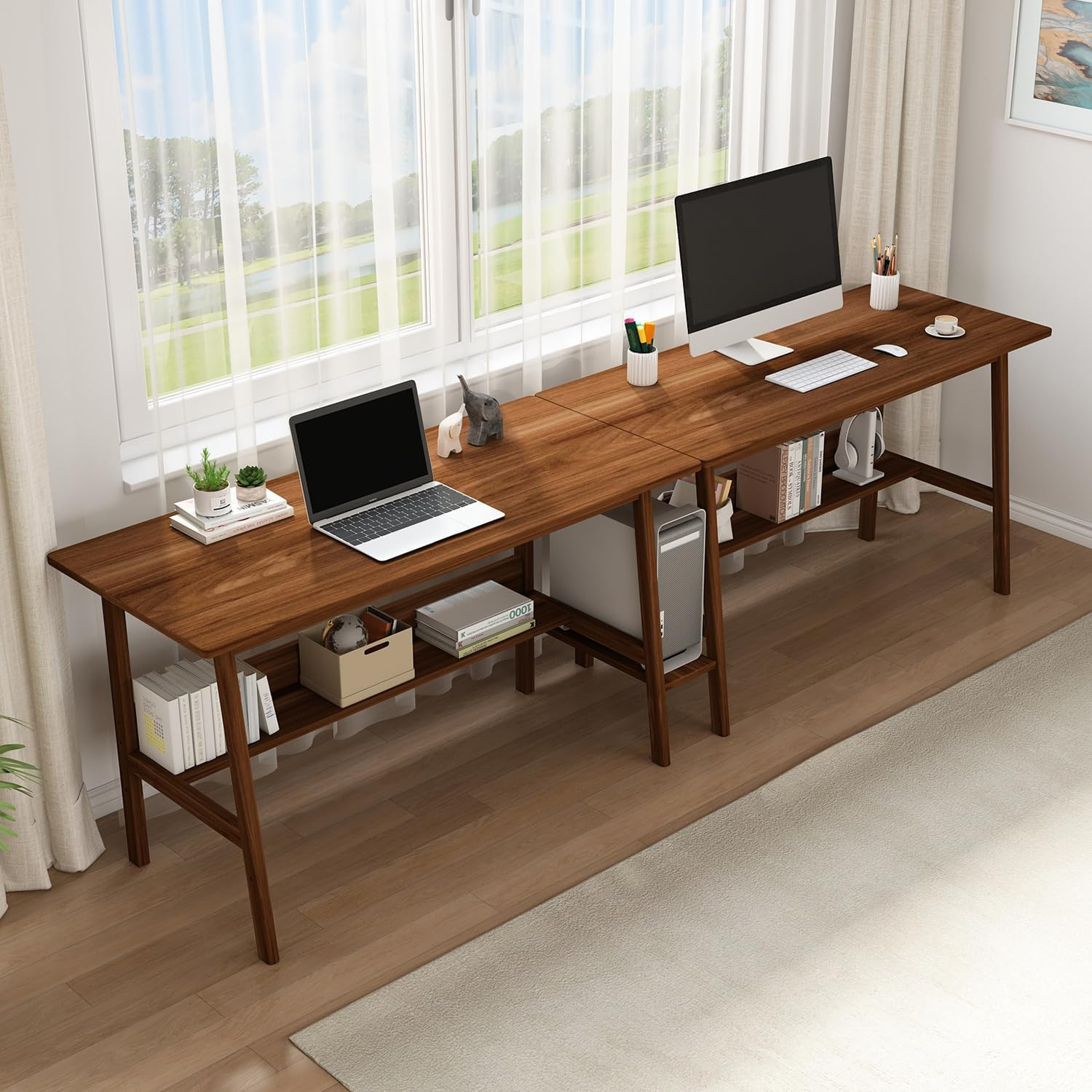 2 Person Desk with Storage Bookshelf, 110” X 24” In, Walnut | Fits Two People, T