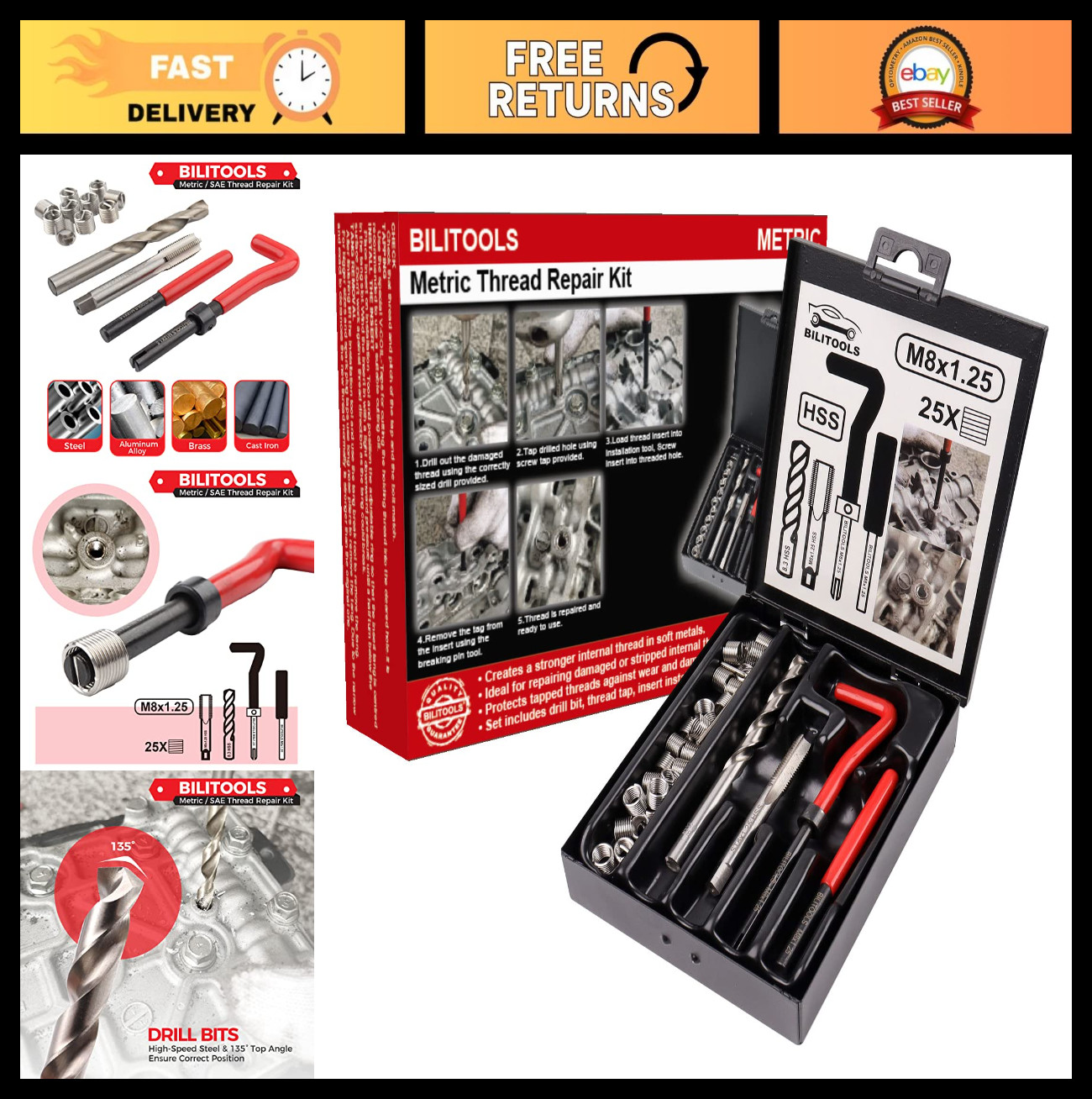M8x1.25 Thread Repair Kit - HSS Drill Helicoil Metric Tool for Stripped Threads