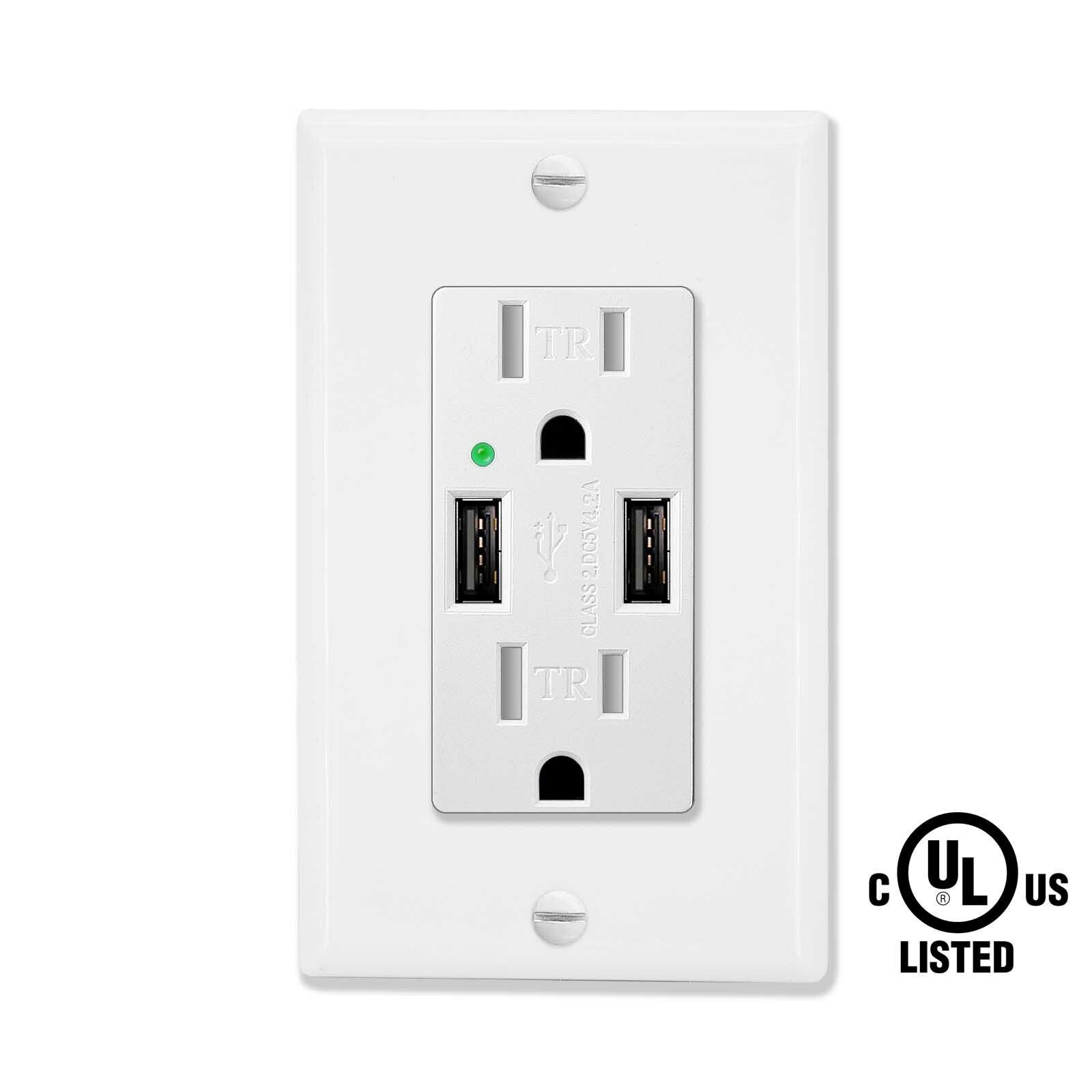 4.2A USB Wall Outlet Charger 15A Duplex Tamper-Resistant Receptacles Plug UL US