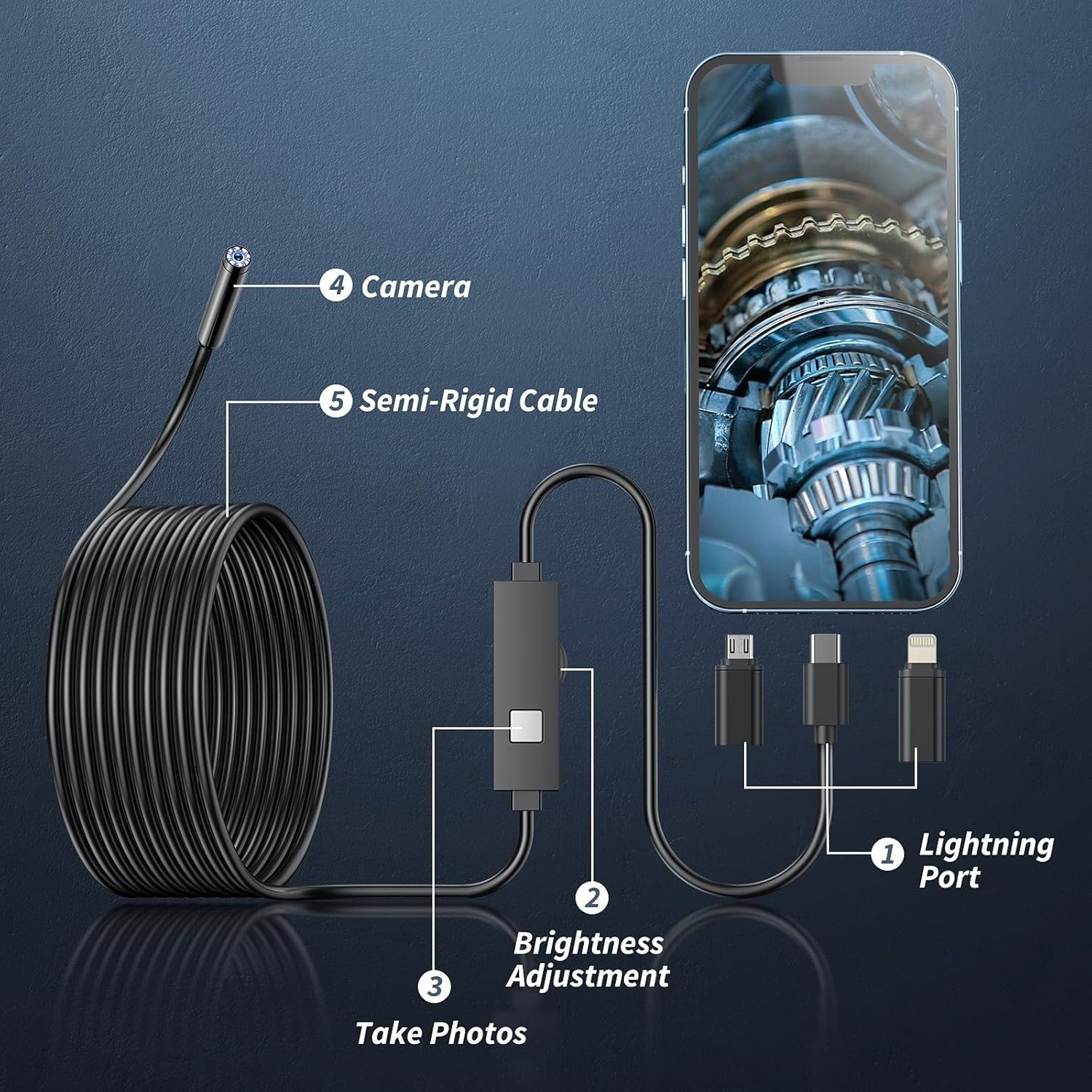 16.4ft HD Endoscope Camera 1920P Borescope Inspection Snake Tool iPhone Android