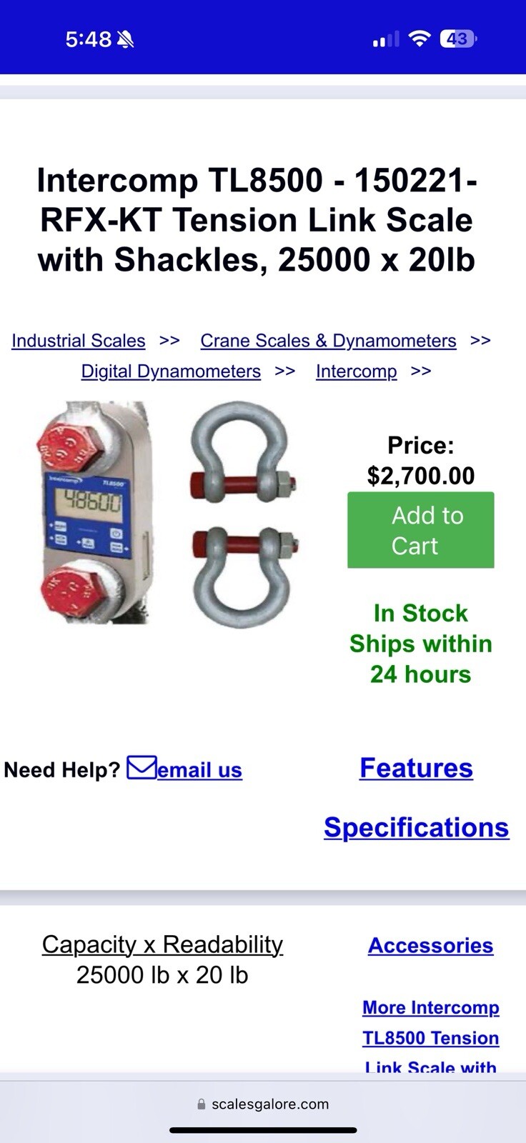 Intercomp TL6000 Dynamometer Crane Scale 25,000 X 20 LB Preowned Device Only