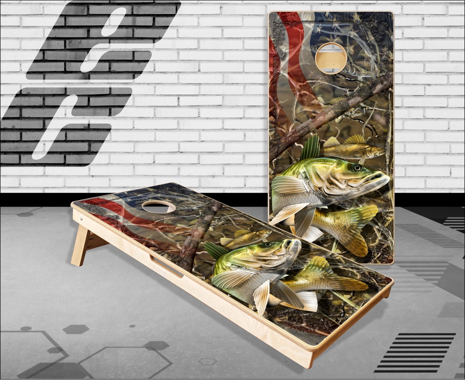 Walleye Fish Camo Flag Cornhole Boards Bean Bag Toss Game