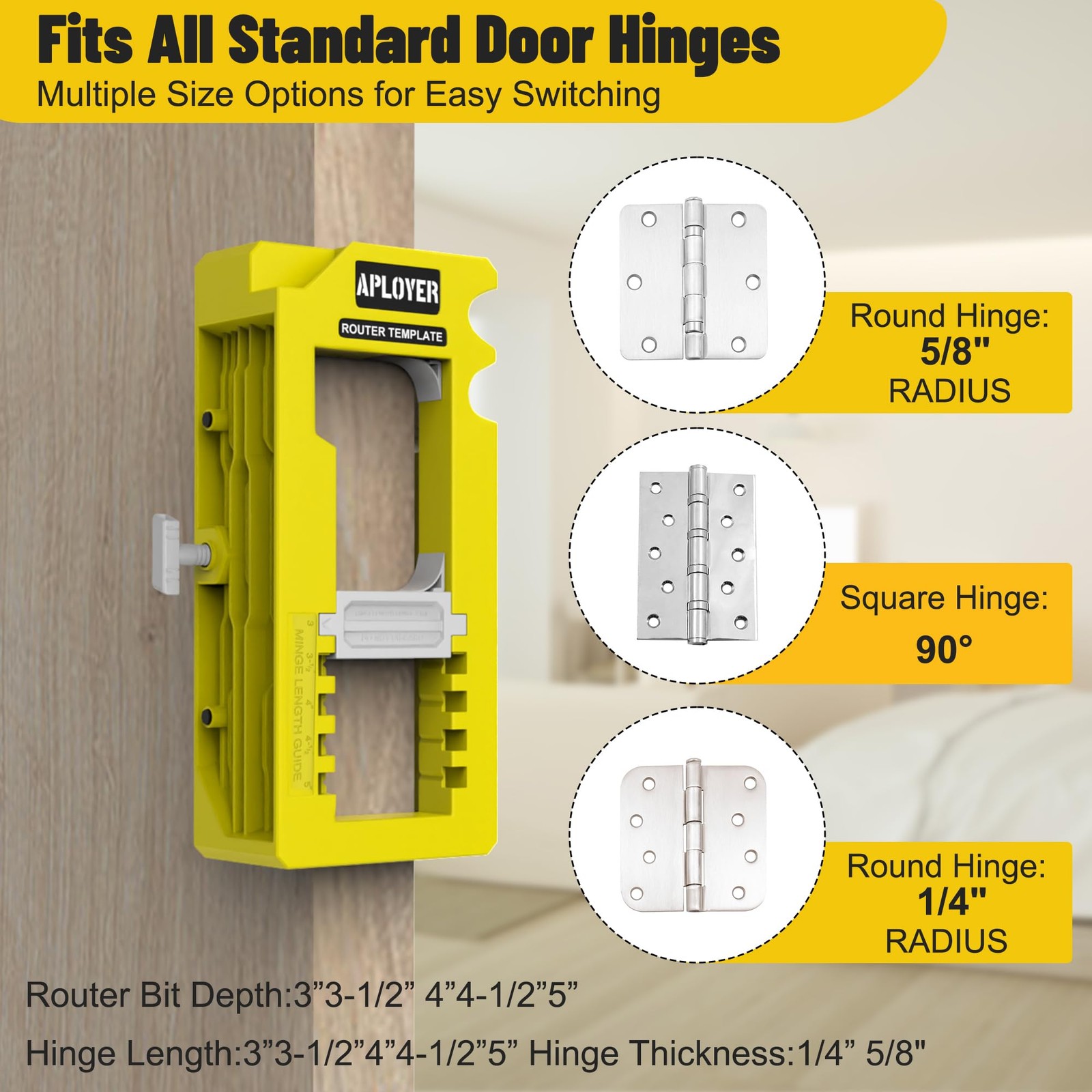 Door Hinge Jig, Router Template, Adjustable Mortise Yellow