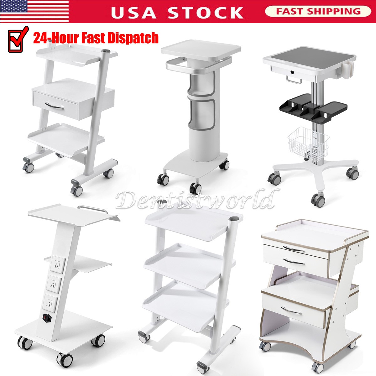 Dental Mobile Trolley Tool Cart 3-Layer Drawer Multi-Function Cart power socket