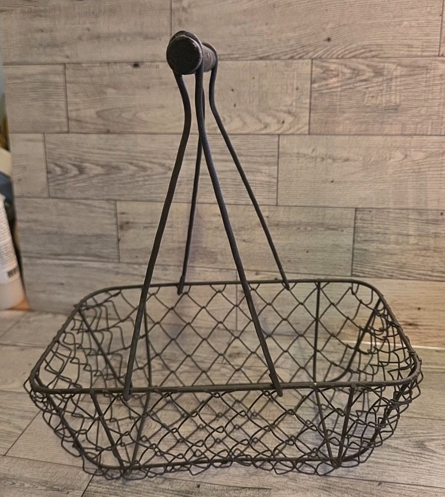 Small Rectangle Metal Wire Egg Basket with Wood Handle 8"  Cottage Farmhouse
