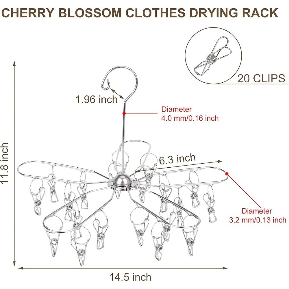 Foldable Stainless Steel Clothes Drying Rack with 20 Clips for Laundry Socks