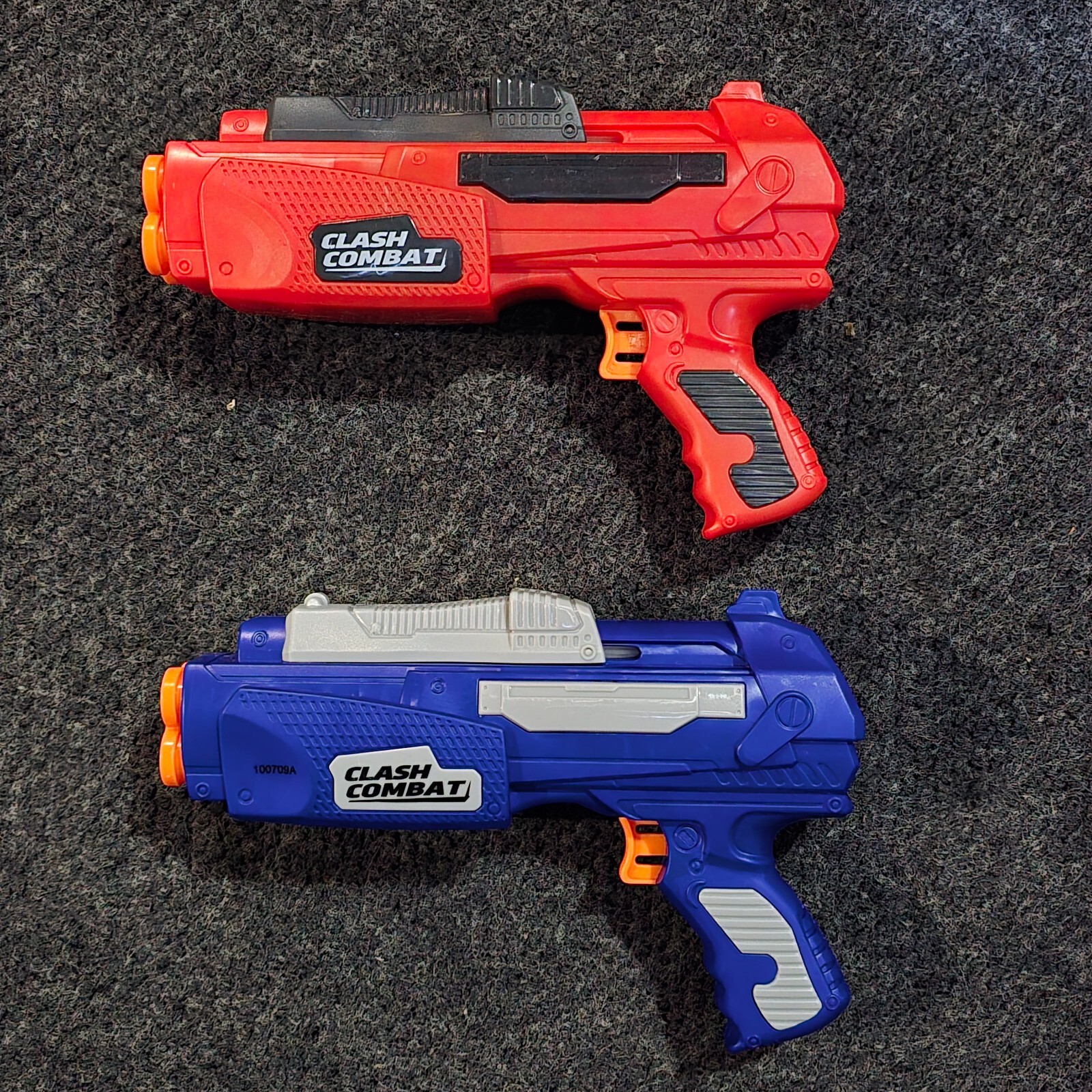 Lot of 2 Buzz Bee Toys Clash Combat Gun Pistol Red W/ Black Trim + Blue Orange