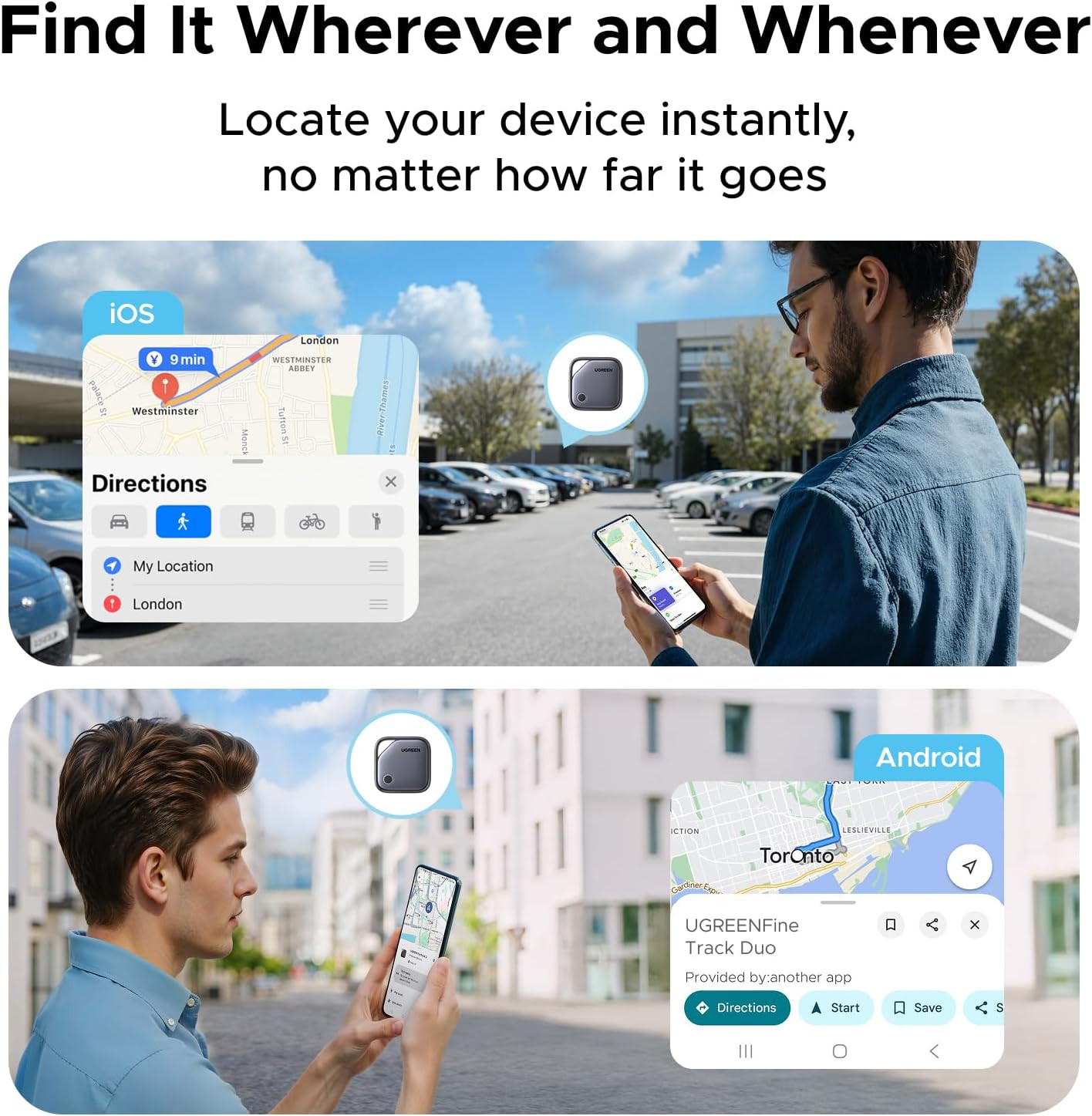 UGREEN Finder Duo (Ios and Android) Air Tracker Tags 4 Pack, Rechargeable Androi