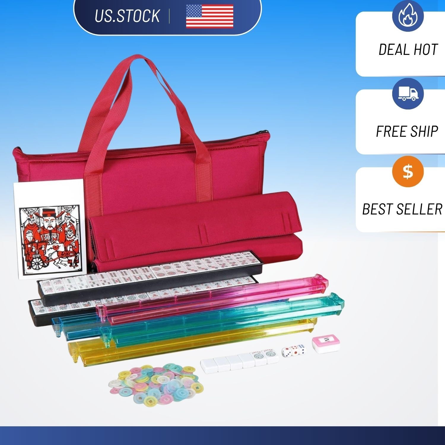American Mah Jongg Set 166 Tiles Complete Game Set with Racks Pushers Bag Red
