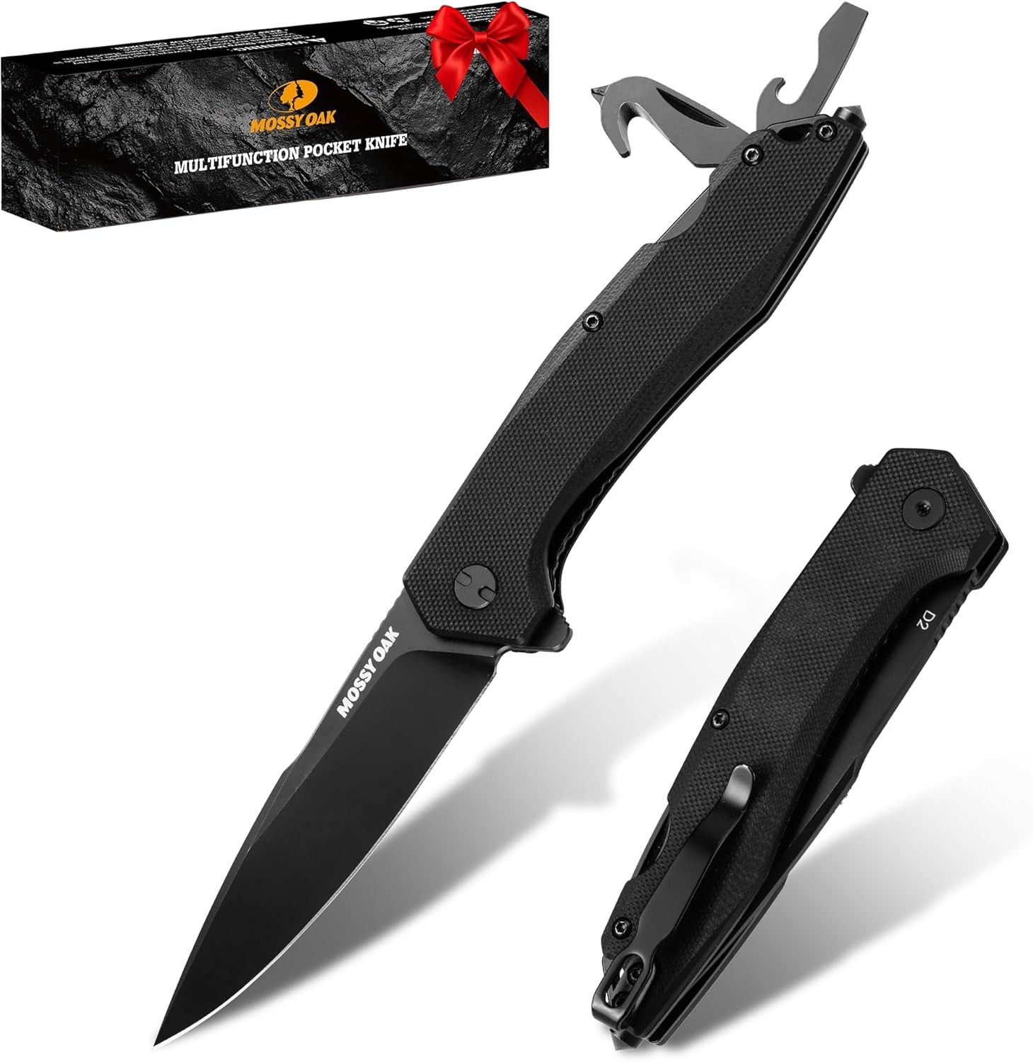 MOSSY OAK Folding Pocket Knife 3.5" D2 Steel Blade Glass Breaker Rope Cutter USA