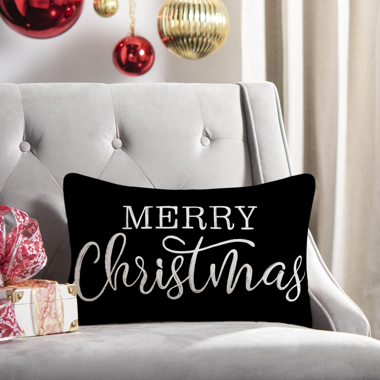 LOMCHEN Black Christmas Lumbar Pillow Cover 20" x 12" (Pack of 1),