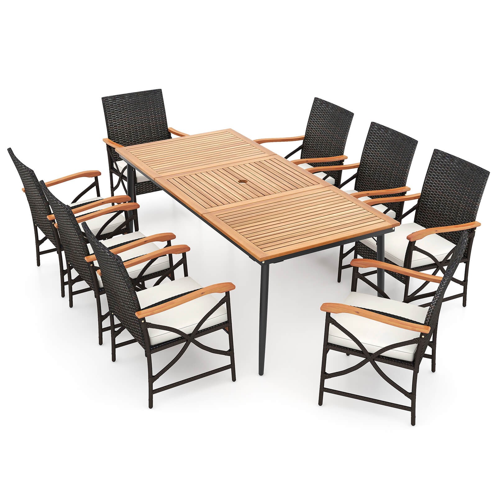 9 PCS Patio Dining Set with 1.9" Umbrella Hole X-frame Armrests Seat Cushions