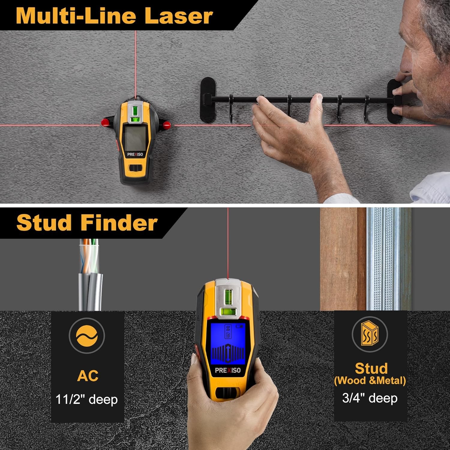 2-in-1 Stud Finder with Laser Level, Rechargeable Multi Surface Cross Line Laser