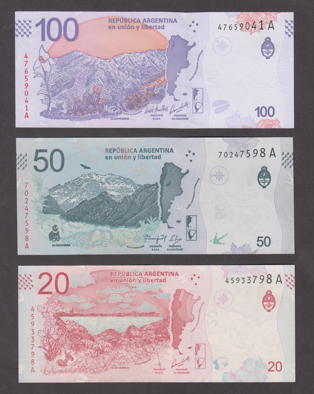 ARGENTINA P.NEW  SHORT SET 20-50-100 PESOS FAUNA  UNCIRCULATED  WE COMBINE