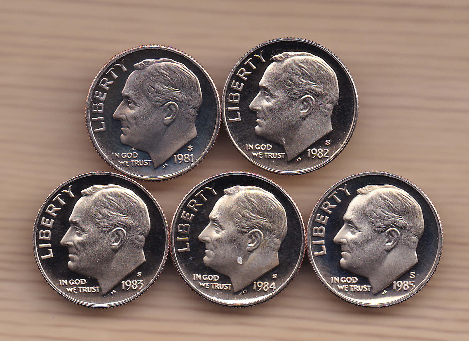 1981-S to 1985-S Cameo ROOSEVELT PROOF DIME Run of 5 From Proof Sets