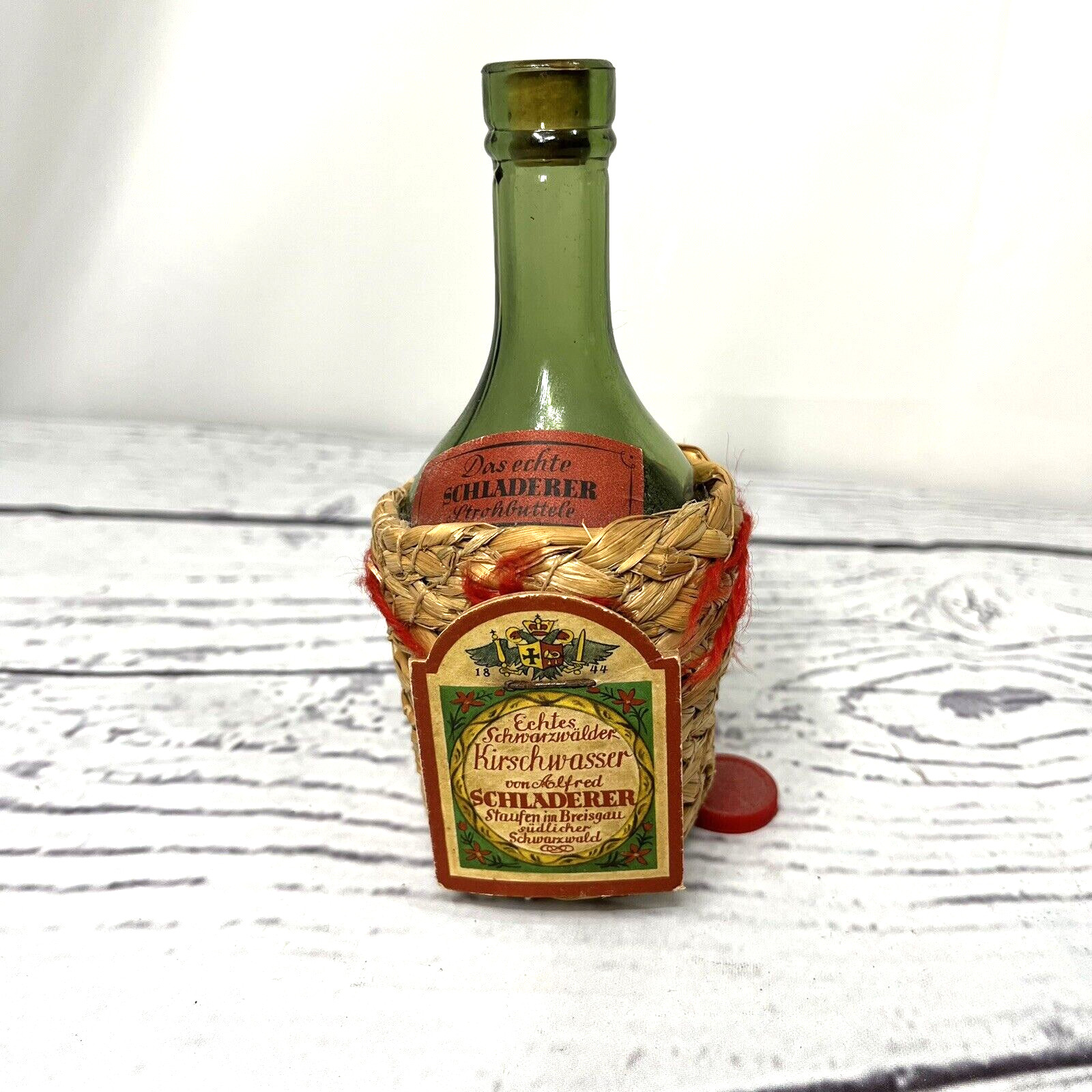 Vtg Empty Mini Das Echtes Alfred Schladerer Kirschwasser Liquor Bottle Green