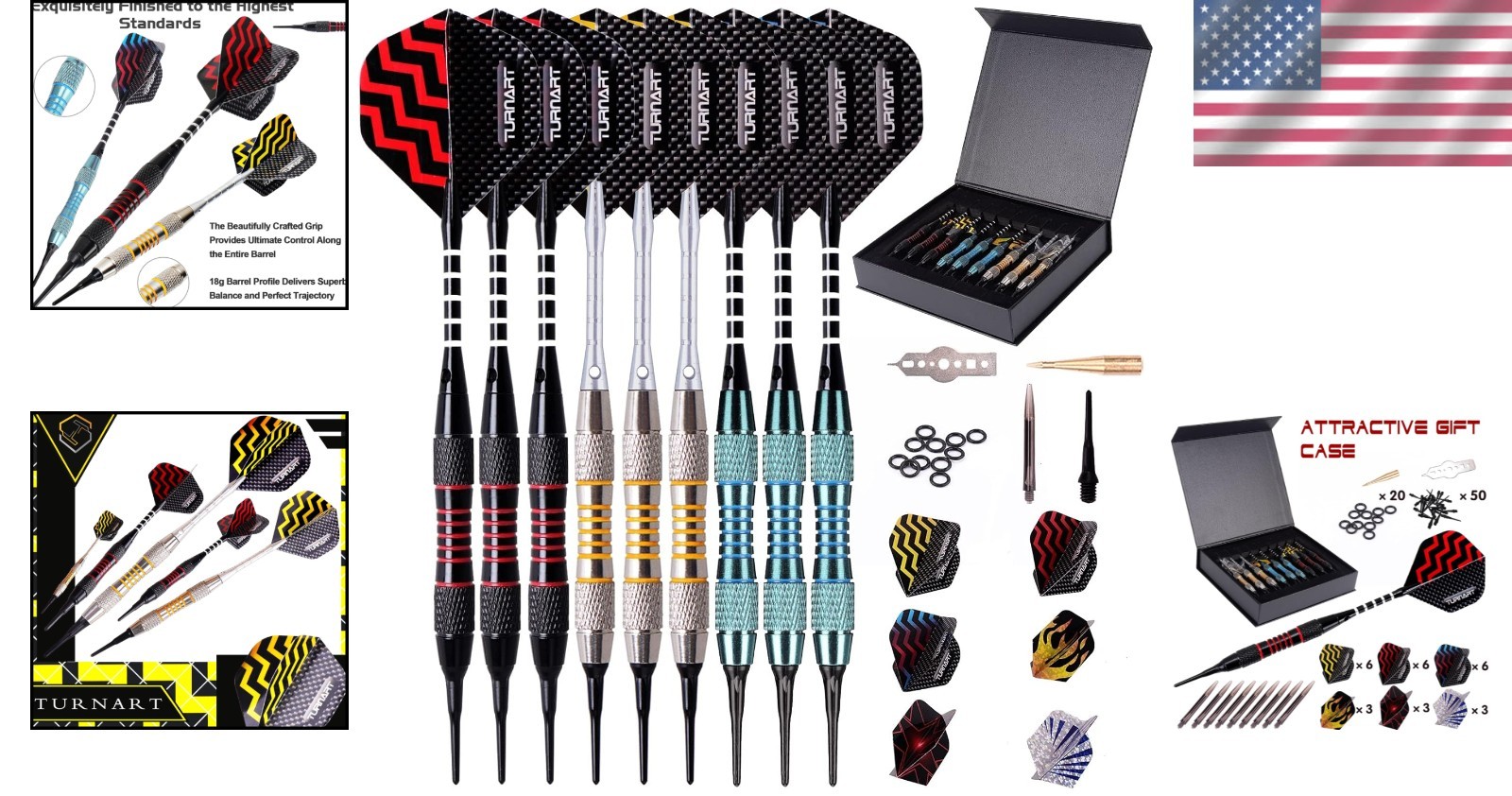Professional 9 Pcs Soft Tip Dart Set with Unbreakable Shafts & 50 Extra Tips