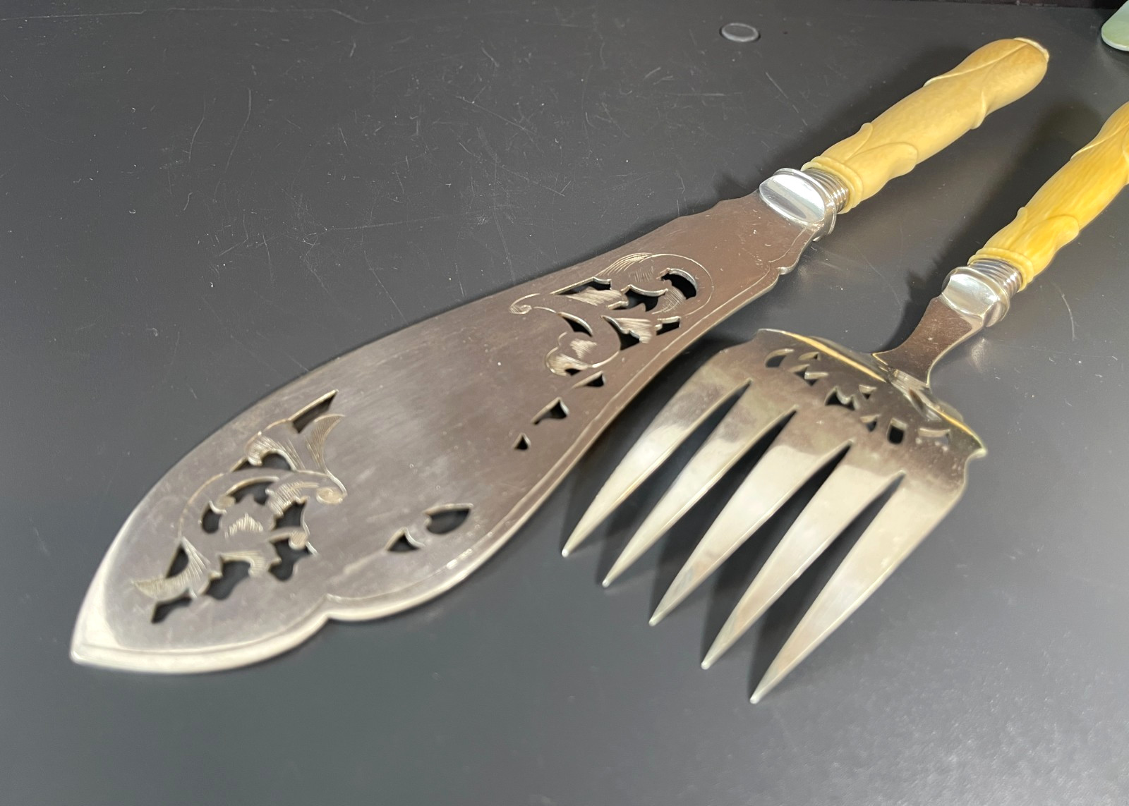 Antique Victorian Silver Plate Serving Fish Knife & Fork Set