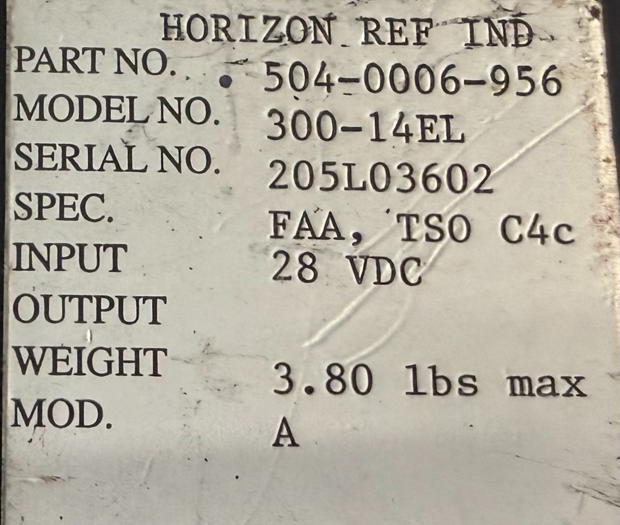 Horizon Reference Indicator 30014EL 504-0006-956 Removed Working
