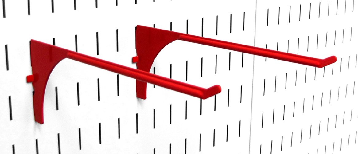 Pegboard 9-Inch Reach Extended Slotted Hook Pair Red Metal Tool Storage Rack