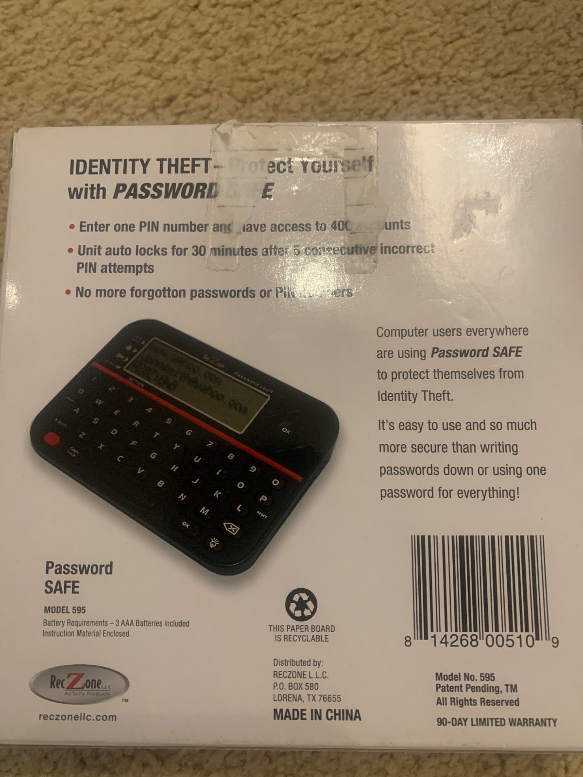 RecZone Password Safe Backlit LCD Built In Memory QWERTY Keyboard Model 595