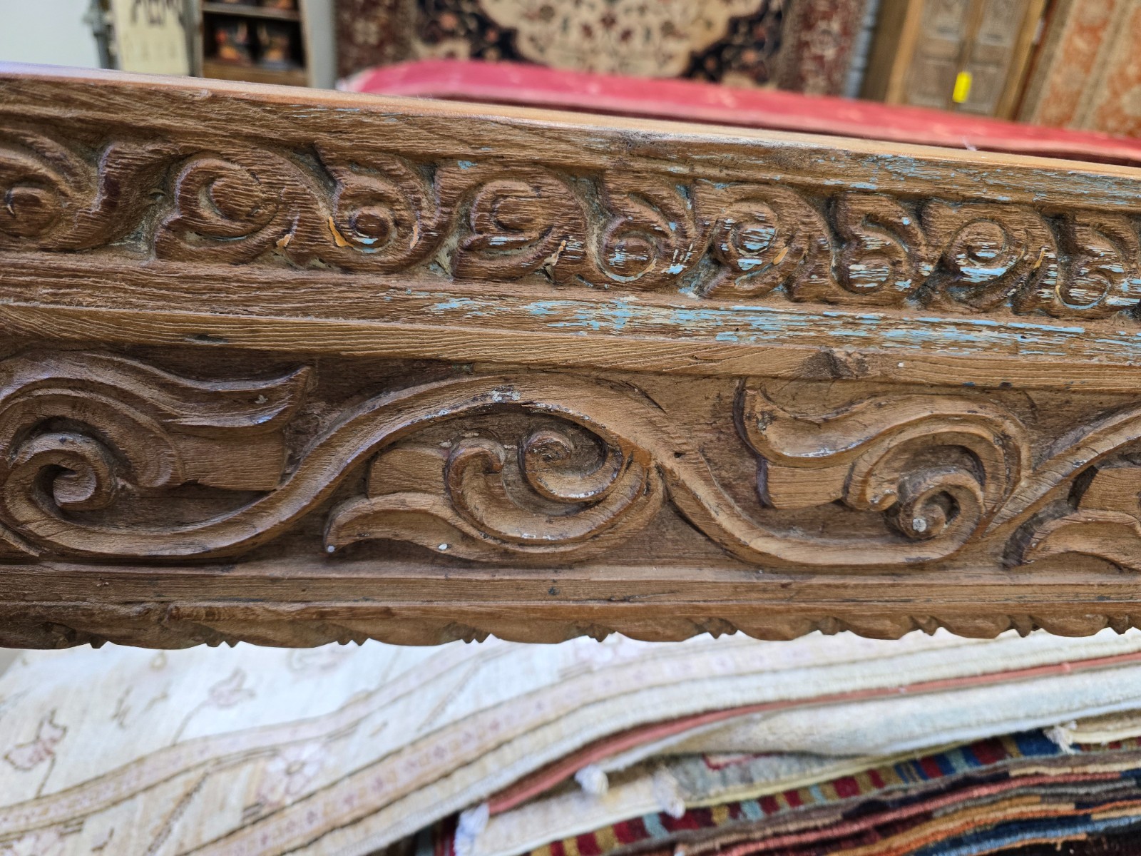 Reclaimed solid wood bench with floral carving design