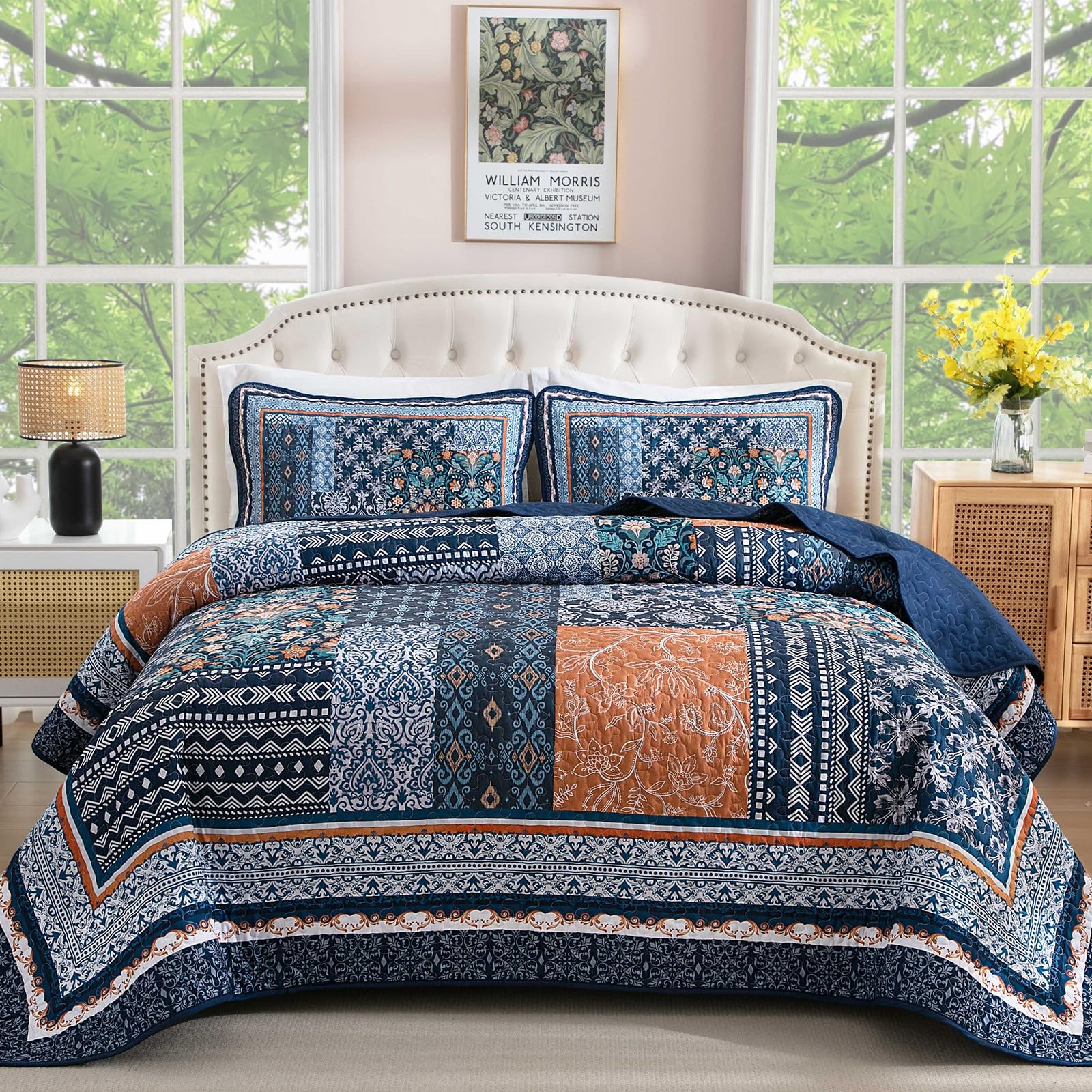 WONGS BEDDING Navy Blue Quilt Set Full Size Bohemian Patchwork Coverlet Reversib