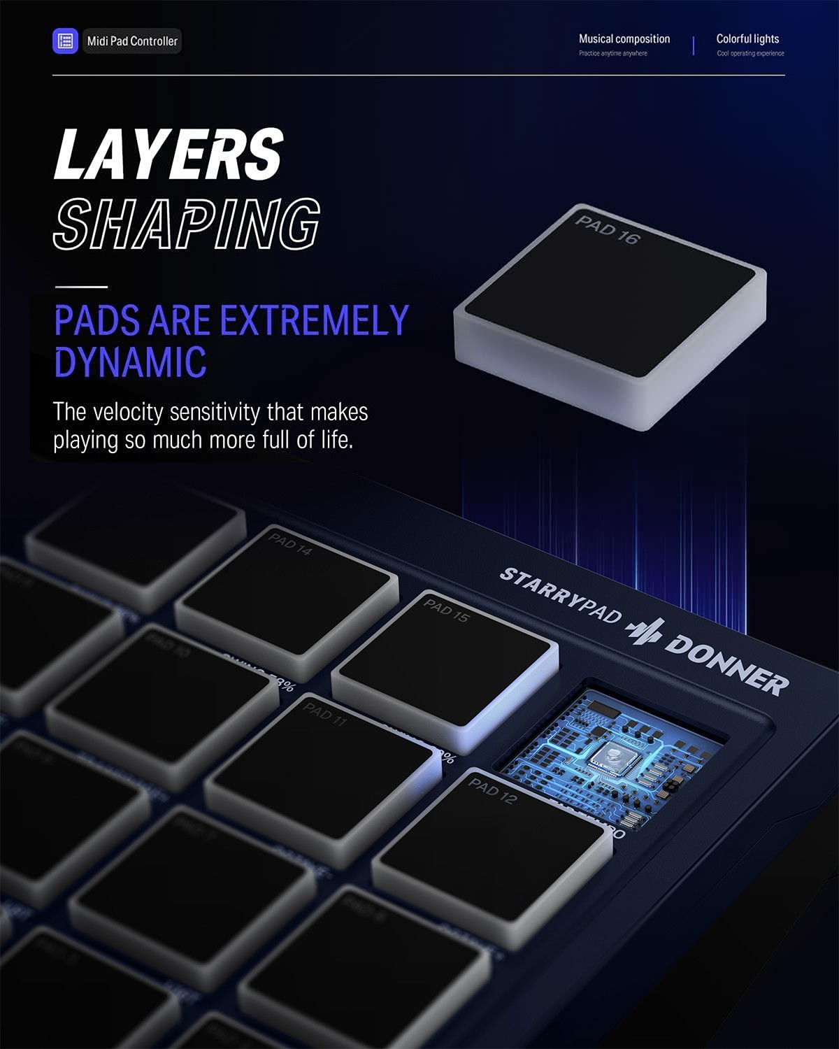 Donner STARRYPAD Blue MIDI Controller 16 Pads Music Production Software