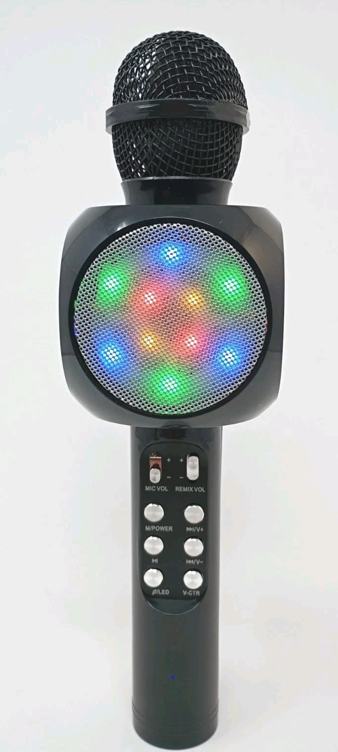 Bluetooth Karaoke Microphone Black LED Lights Built-in Speaker-Works
