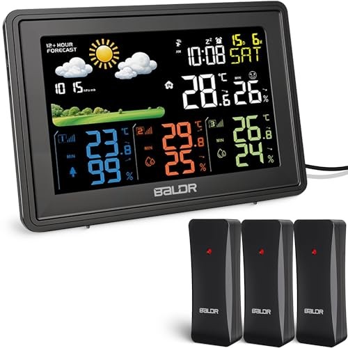 BALDR Digital LCD Weather Station Indoor Outdoor 3 Thermo Hygrometer Sensors